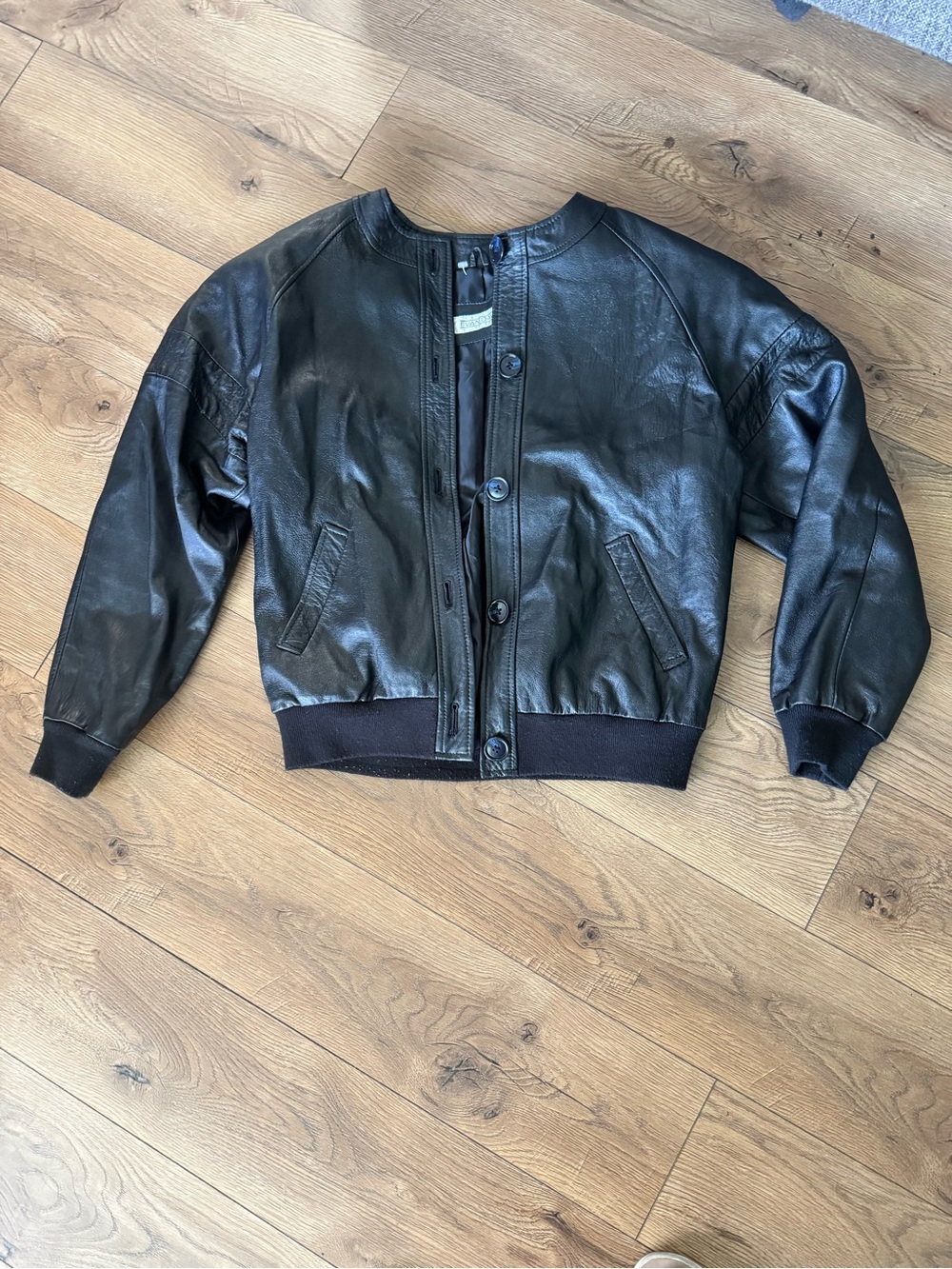 Women's Black Leather Bomber Jacket - Minimal Collar Button Front